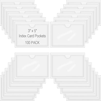 100 Pack Self-Adhesive Index Card Pockets for 3" x 5" Card,Clear Plastic Labels Holders with Top Open for Loading, Storage Bins, Library and Bins