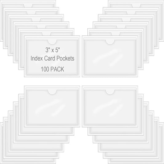 100 Pack Self-Adhesive Index Card Pockets for 3" x 5" Card,Clear Plastic Labels Holders with Top Open for Loading, Storage Bins, Library and Bins