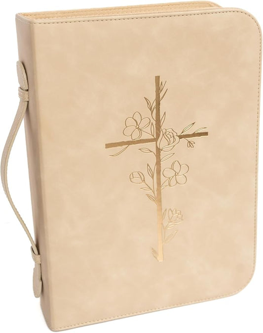 Bible Cover Case for Women - PU Leather Bible Covers for Women –Bible Case for Girls - Minimalist Design Debossed Bible Case, Large Bible Covers for Women – Bible Accessories (Beige/Gold)