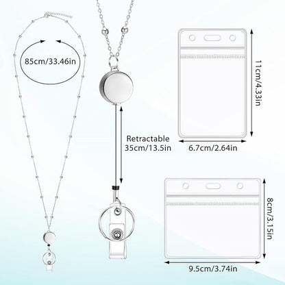 Prudiut Lanyards for Id Badges Stainless Steel Badge Lanyards with 2 Pcs Waterproof Id Badge Holder Retractable Id Badge Lanyards Teacher Lanyard for Cruise Ship Key Cards Id Badges