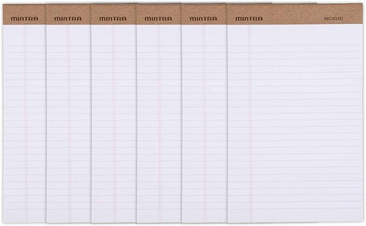 Mintra Office Recycled Writing Pads 6pk (White, Junior (5in x 8in)) - 50 Sheets per Notepad, Micro perforated, Legal Pad, Notebook Paper for School, College, Office, Business