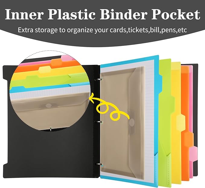 Pivotable Refillable Notebook, 3 Ring Binder Notebooks 1 Inch, Notebook with Dividers and Pockets, Folder Notebook, Flexible Binder, Soft Binders 3 Ring, Foldable Binder- Black