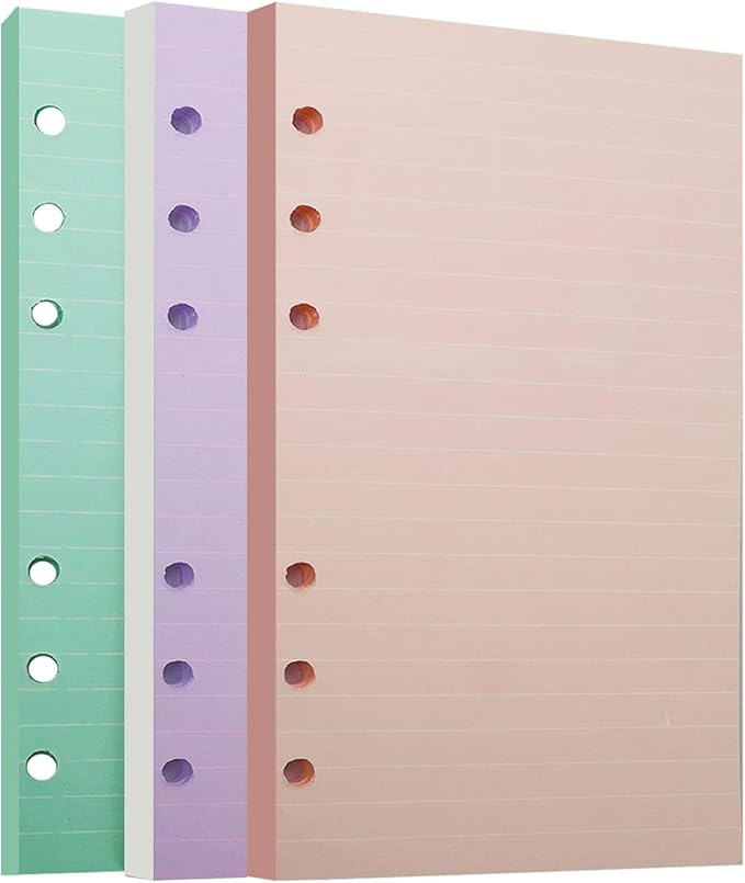 Chris.W A5 Refills Paper, 3 Pack 40 Sheets A5 Colorful Ruled Binder Paper, 3 Pcs Binder Pockets, 1 Page Marker - 6 Hole Notebook Inserts for 6 Ring Refillable A5 Binder Notebook Planner