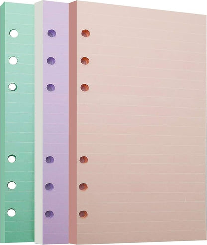 Chris.W A5 Refills Paper, 3 Pack 40 Sheets A5 Colorful Ruled Binder Paper, 3 Pcs Binder Pockets, 1 Page Marker - 6 Hole Notebook Inserts for 6 Ring Refillable A5 Binder Notebook Planner