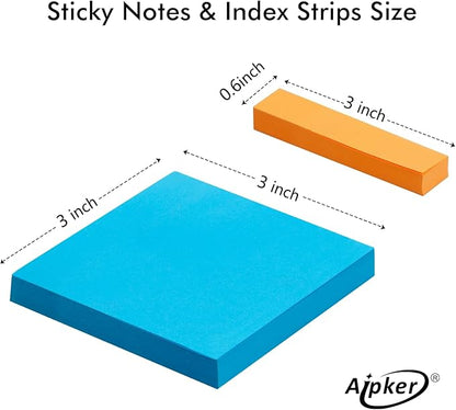 Sticky Notes & Index Strips - 8 Pads 3x3 Inch Note Pads and 8 Pads 0.6x3 inch Index Tabs, Bright Sticky Note Pads Set for Organization and Study (82 Sheet/Pads)