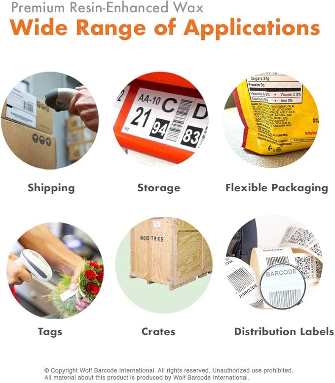 12 Rolls Wolfbarco 5.98" x 1476' (152mm x 450m) Black Premium Resin-Enhanced Wax Thermal Transfer Ribbon Compatible with Zebra,TEC, INTERMEC,Citizen,TSC,GODEX,ARGOX Printers