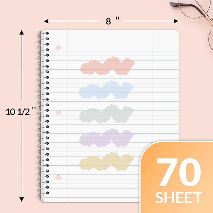 SUNEE Spiral Notebooks, 1-Subject, 5 Pack, College Ruled Paper, 8" x 10-1/2", 70 Sheets per Notebook,3-Hole Punched Paper, Pink,Purple, Blue, Green, Yellow Spiral Lined Notebooks for School,Work