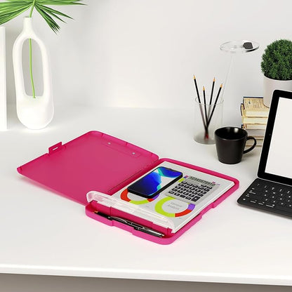 Piasoenc Clipboard with Storage, 8.5 x 11 Organization Box with Pen Holder and A4 Legal Paper Folder, Heavy Duty Plastic, Folio & Side-Opening, Low Profile Clip for Nurses, Teachers, Red