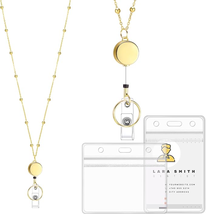 Lanyards for Id Badges Stainless Steel Badge Lanyards with 2 Pcs Waterproof Id Badge Holder Retractable Id Badge Lanyards Teacher Lanyard for Cruise Ship Key Cards Id Badges (Gold)