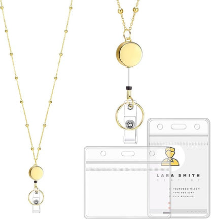 Lanyards for Id Badges Stainless Steel Badge Lanyards with 2 Pcs Waterproof Id Badge Holder Retractable Id Badge Lanyards Teacher Lanyard for Cruise Ship Key Cards Id Badges (Gold)