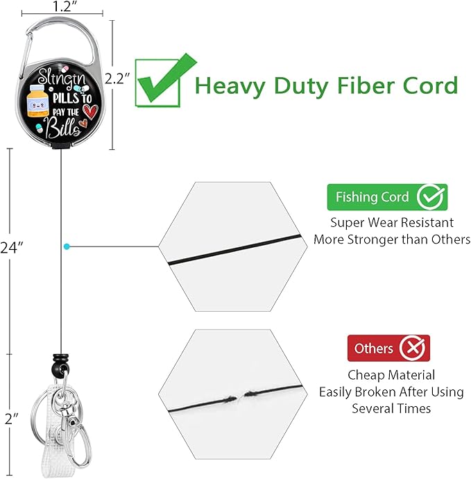Pharmacy Technician Badge Reel Retractable Heavy Duty with 360°Swivel Carabiner Clip, Pharmacist Pill ID Badge Holder Retractable, Nurse Doctor ID Card Holder Retractable Keychain Name Badge Clip