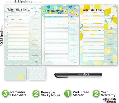 M.C. Squares Reusable, Erasable Household Reminders and Sticky Notes with Smudge-Free Tackie Marker | Cling to Stainless Steel & Glass | USA Made