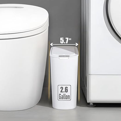 TIPGO Automatic Motion Sensor Bathroom Trash Can with Lid, 2.6 Gallon Touchless Trash Bin, Smart Garbage Can Plastic Slim Wastebasket for Bedroom, Office, Dorm (White)