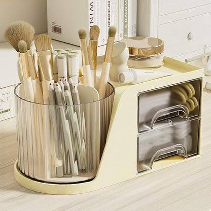 360 Degree Turntable Pen Holder Office Desk Organizer Pencil Holder for Desk Multi-Functional Pencil Pencil Cup Desktop Stationary Organizer Storage for Office School (Beige-with Drawer)