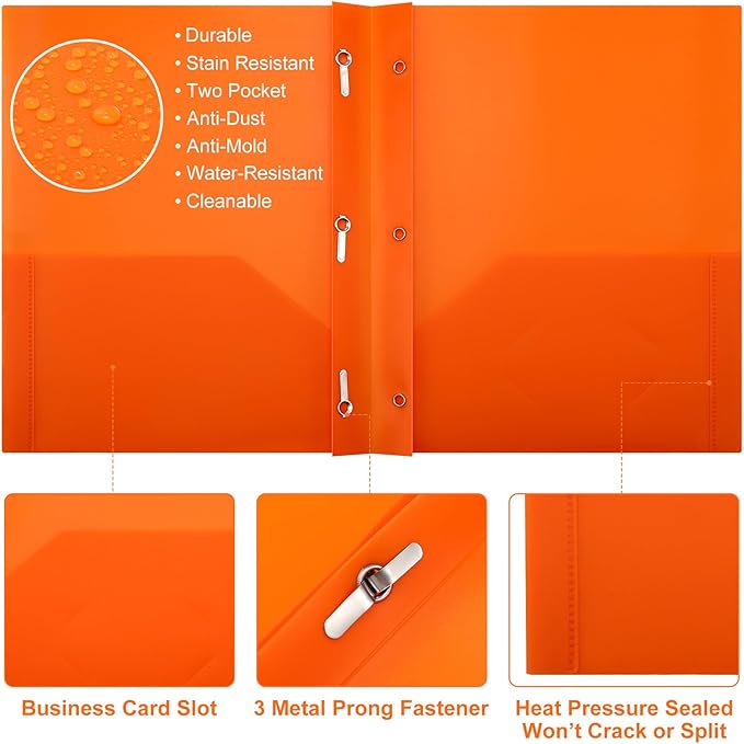 Cholemy 6 Pcs Plastic Pocket Folders with Prong 2 Heavy Duty Pockets Folders with 3 Prongs Letter Size Paper Folders Bulk File Plastic Folders with Fasteners for Office Workers (Orange)