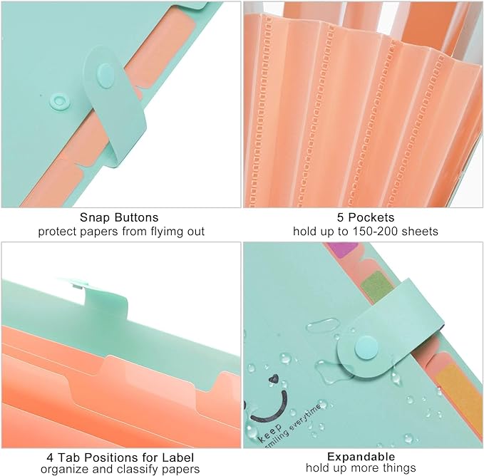 Forvencer Accordion File Organizer, Letter Size, 5 Pocket Expanding File Folder, Cute File Folder with Labels, Portable File Organizer for School Office Supplies, Folders for Documents, Jade
