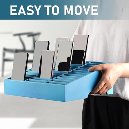 Wooden 36-Grid Cell Phones Storage Box Desktop Mobile Phone Holder Organizer for Office School Classroom (36-Grid Blue)