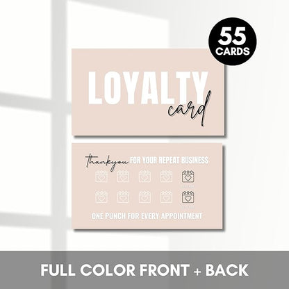 Beauty Business Loyalty Card, 10-Punch Reward System, Business Card size, 55 cards, full color high gloss front and back, UV coated, Modern design, create your own reward (Tan)