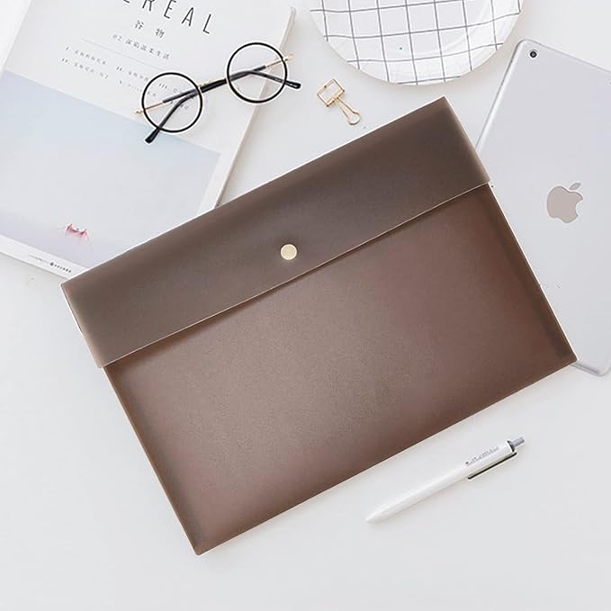 VANRA 5 Pieces A4 Envelopes Folders for Paperwork Plastic Wallets Document Organizer with Snap Button Closure A4 Letter Size (Brown)