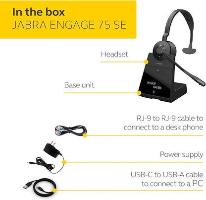 Jabra Engage 75 SE (Second Edition) Wireless Headset, Single-Ear – Telephone Headset with Industry-Leading Wireless Performance, Advanced Noise-Cancelling Microphone, All Day Battery Life - Black