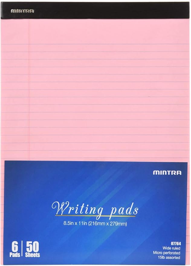 Mintra Office Legal Pads, ((Basic 6pk - (Pastel Version #2), 8.5in x 11in, Wide Ruled)), 50 Sheets per Notepad, Micro perforated Writing Pad, Notebook Paper for School, College, Office, Work