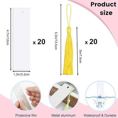 40Pcs Heat Transfer Sublimation Blank Metal Bookmark, Aluminum DIY Bookmarks with Colorful Tassels for Keychains Craft Projects Birthday Present Tags