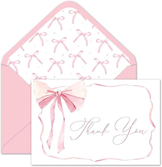 Whaline 24 Pack Pink Bow Thank You Cards Coquette Bow Greeting Cards with Envelopes Stickers Blank Note Cards for Wedding Bridal Baby Shower Birthday, 4 x 6 Inch