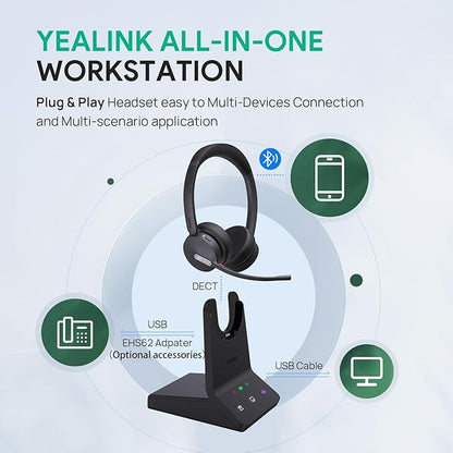 Yealink WH64 Mono Teams Wireless Headset, DECT & Bluetooth Dual-Mode 606 ft Range Headphones with 3X Mic, 26 Talk Time, Office Work Headset for Desk IP Phone, PC,Cell Phone