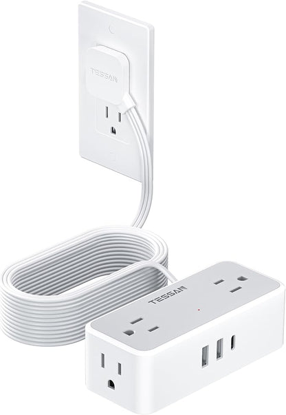 Flat Plug Extension Cord 25 ft, TESSAN Surge Protector Power Strip with 4 AC Outlets 1 USB C and 2 USB A Ports, 900 Joules Protection, Multiple Wall Outlet Extender for Home Office Dorm Essentials