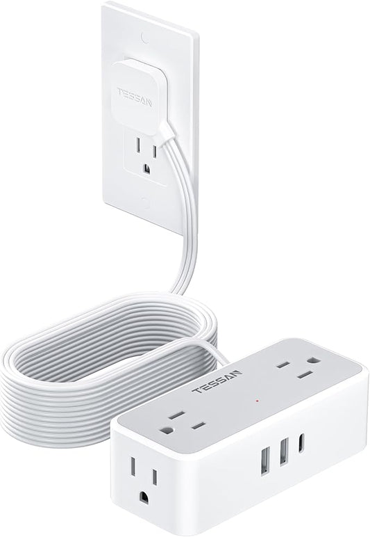Flat Plug Extension Cord 25 ft, TESSAN Surge Protector Power Strip with 4 AC Outlets 1 USB C and 2 USB A Ports, 900 Joules Protection, Multiple Wall Outlet Extender for Home Office Dorm Essentials