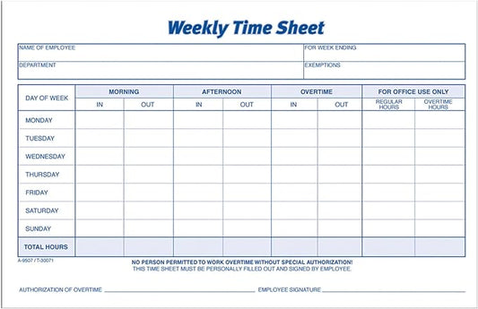 Adams Weekly Time Sheet, 1-Part, 5.5 x 8.5 Inches, Blue/White, 100 Sheets Per Pad, 2 Pack (9507ABF)