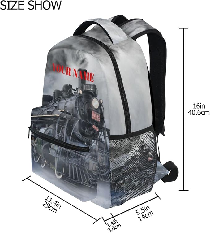 AUUXVA Custom School Backpack for Boys Kids with Name/Text Personalized Bookbag Add Your Name Customized Backpack Vintage Train School Bag Laptop Backpack Travel Camping Daypack