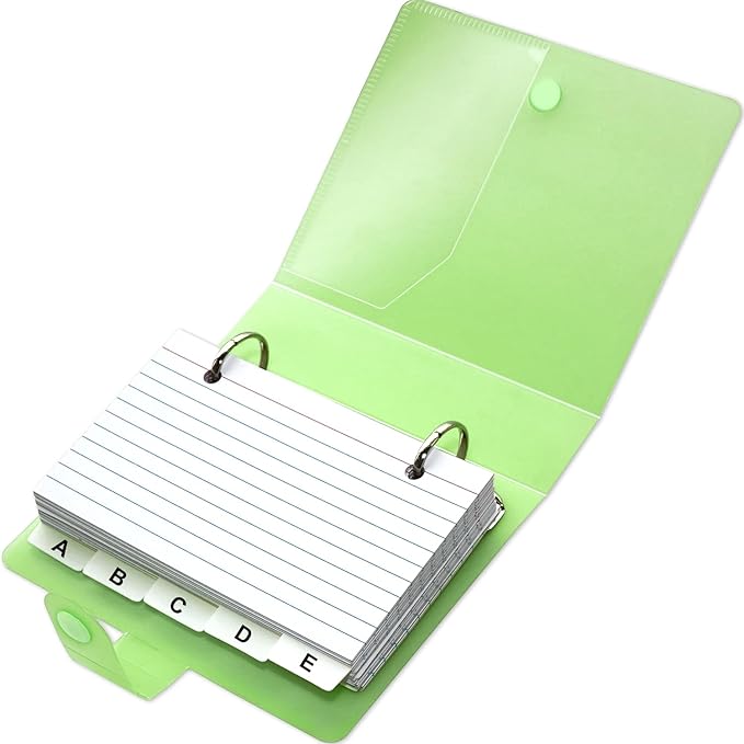 3x5 Lined Index Cards with Ring Binder Holder and Dividers, 100 Ruled Cards, Green