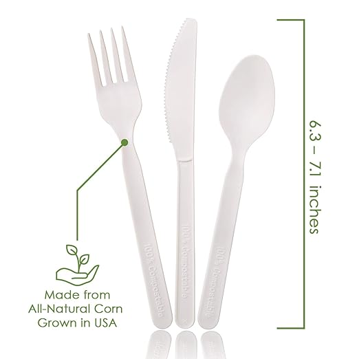100% Compostable Forks Spoons Knives Cutlery Combo Set - 380 Large Disposable Utensils (7 in.) Eco Friendly Durable and Heat Resistant Alternative to Plastic Silverware with Convenient Tray