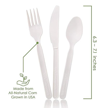 100% Compostable Forks Spoons Knives Cutlery Combo Set - 380 Large Disposable Utensils (7 in.) Eco Friendly Durable and Heat Resistant Alternative to Plastic Silverware with Convenient Tray