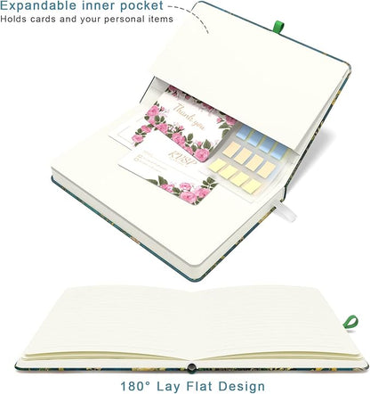 Small Notebook, Mini Pocket Journal A6 5.7" x 3.9", Leather Hardcover Journal with Pen Holder, 160 Thick Papers, Cute Lined Notebook Small Notepad for Women Writing Work Travel, Green Flower