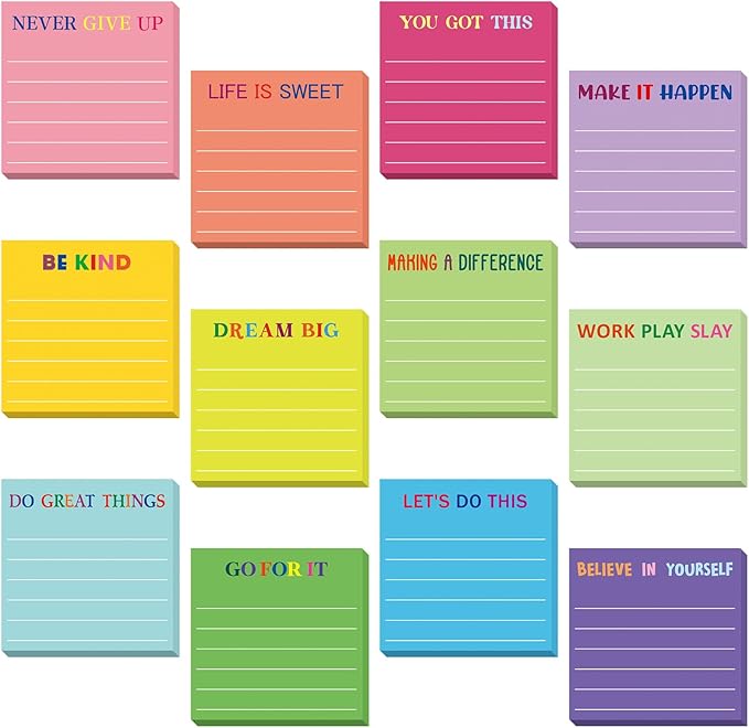 Yinder 24 Pcs Inspirational Sticky Notes with Lines Cute Motivational Sticky Notes Pad Employee Appreciation Gifts Bulk for Teacher Nurse Coworkers Office Supplies 3 x 3''(Dark Color,Motivational)
