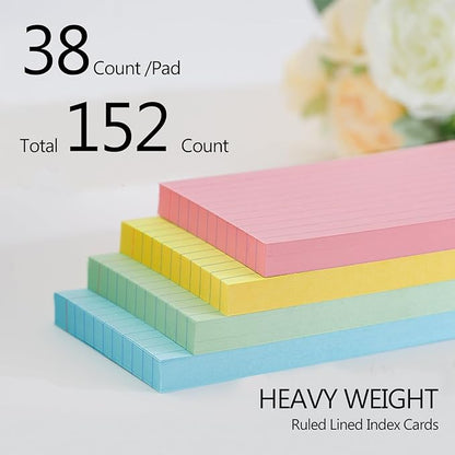 Colored Index Cards 4x6 Inch - Ruled Index Flash Cards for Studying, Lined Index Note Cards 4" x 6" with Colorful, Colored Flashcards 4x6 Notecards 3 Pack of 38 - Pink, Green, Blue, Yellow