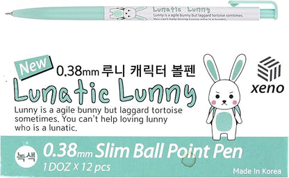 ZEESOON Xeno Lunatic Lunny 0.38mm Slim Ball Point Pen Dozen Box 12 Pcs, Made in Korea (Green 12pcs)