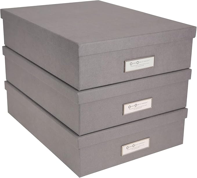 Bigso Oskar Fiberboard Label Frame Document Letter Box | File Organizer Document Box for Important Paperwork | Document Storage Box with a Lid & Label Window | 3.3″x10.2″x13.8″ | 3 Pack | Dark Grey