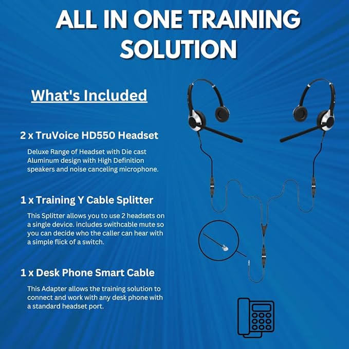 TruVoice Headset Training Solution (Includes 2 x HD-550 Premium Double Ear Headsets with Noise Canceling Microphone,Training Cord and Smart Lead - Works with 99% of Phones with Headset Port)