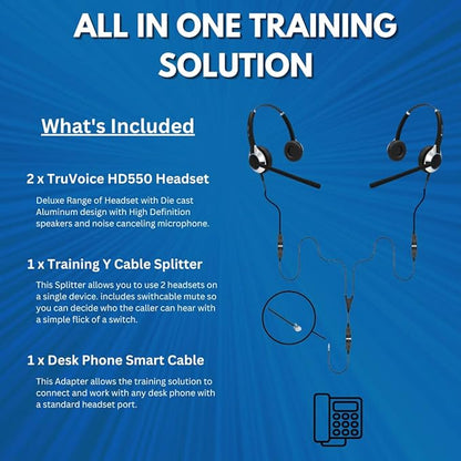TruVoice Headset Training Solution (Includes 2 x HD-550 Premium Double Ear Headsets with Noise Canceling Microphone,Training Cord and Smart Lead - Works with 99% of Phones with Headset Port)