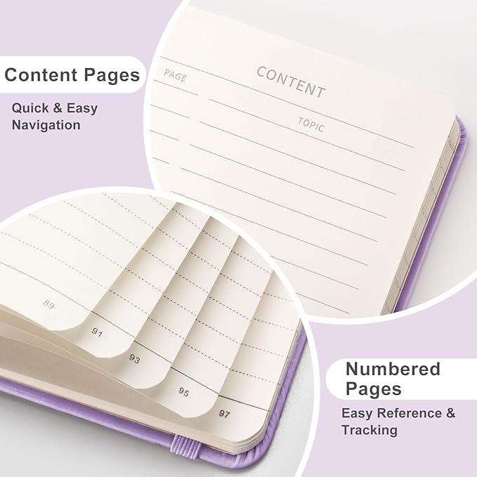 EMSHOI Lined Journal Pocket Notebook - A6 Small Leather Hardcover Notebook for Women, College Ruled 160 Numbered Pages, Mini Notepad for Travel Work School Office Writing Gifts 3.7x5.7, Light Purple