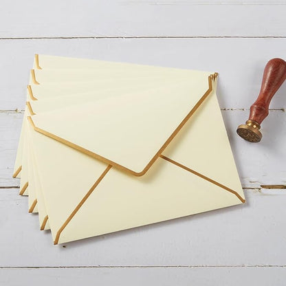 50 Pack Cream Color A4 Envelopes 4x6 Self-Adhesive V Flap Envelopes with Gold Border for Office, Greeting Card, Wedding, Graduation, Baby Shower, Parties, Invitations (4.25x6.25 inches)