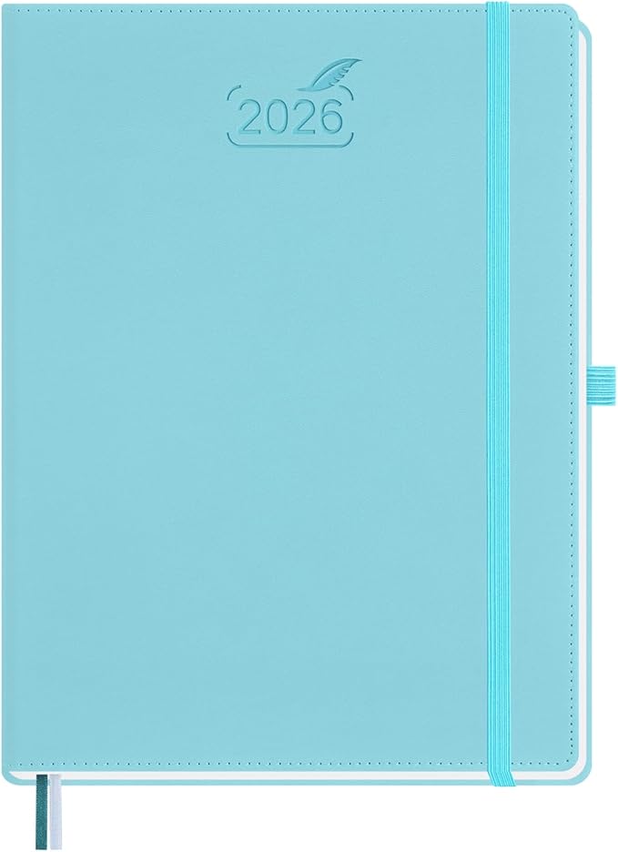 BEZEND 2026 Planner Weekly and Monthly (8.5" x 11") Daily Calendar with Half-Hourly Timeslots & Tab (Jan-Dec) Note & Expenses, Pen Holder, Inner Pocket, Vegan Leather Hardcover - Sky Blue