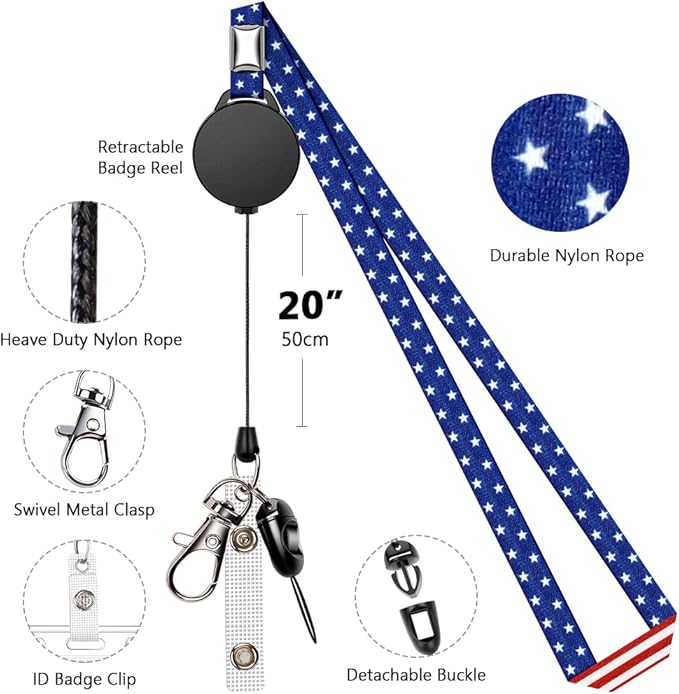 6 Pack Retractable Badge Lanyards and ID Badge Holder, Strap Lanyard with Swivel Metal Clasp for Badge Holders, Keychains, Offices, Staff, Students, Employees, American Flag