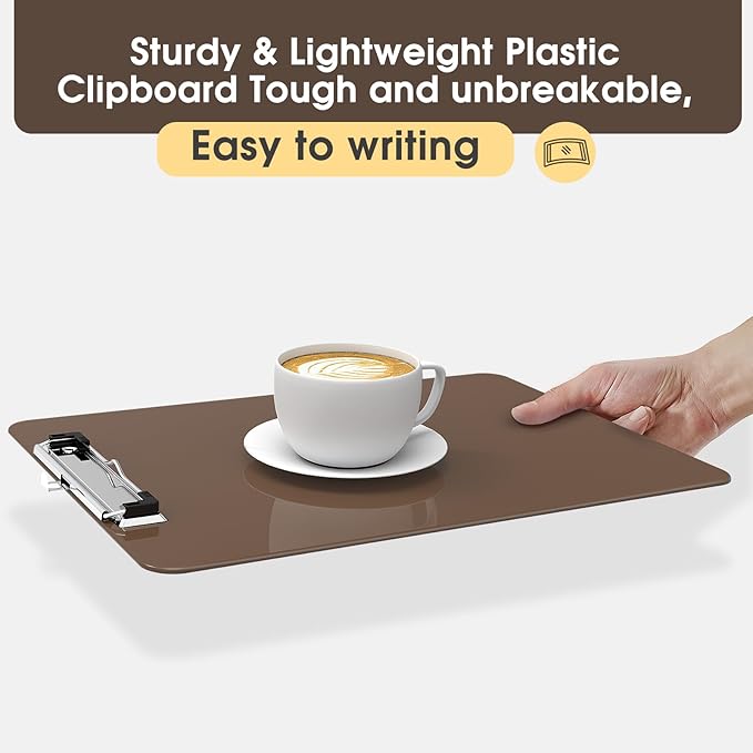 Plastic Clipboards, A4 Brown Clip Board 8.5x11 for Classroom, Students, Kid, Woman, Size 9" x 12.5" with Low Profile Clip, Office & School Supply