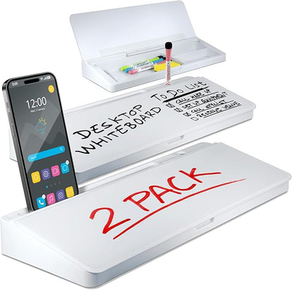 Desktop Whiteboard - Glass Dry Erase White Board - Desk Computer Buddy – Home Office & Studying Essentials - with Phone & Tablet Slot, Storage Compartment - Includes 4 Markers, 1 Eraser (2 Pack)