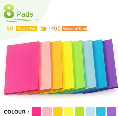 Sticky Notes 3x5 inch Bright Colors Self-Stick Pads 8 Pads/Pack 50 Sheets/Pad Total 400 Sheets