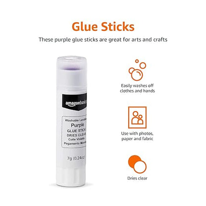Amazon Basics Purple Washable School Glue, Dries Clear, 0.24-oz. Sticks, 8 Pack of 60, 480 Count Total